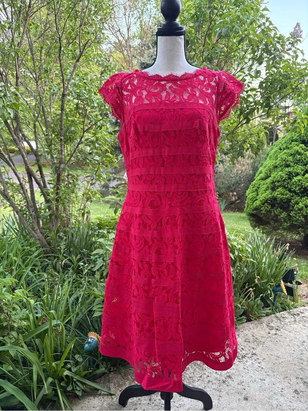 Size 8 Adrianna Papell Fuchsia Lace Fit-and-Flare Midi Dress